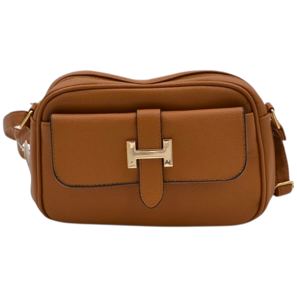 Borsa a tracolla regolabile donna small in ecopelle cuoio con zip e tasca frontale