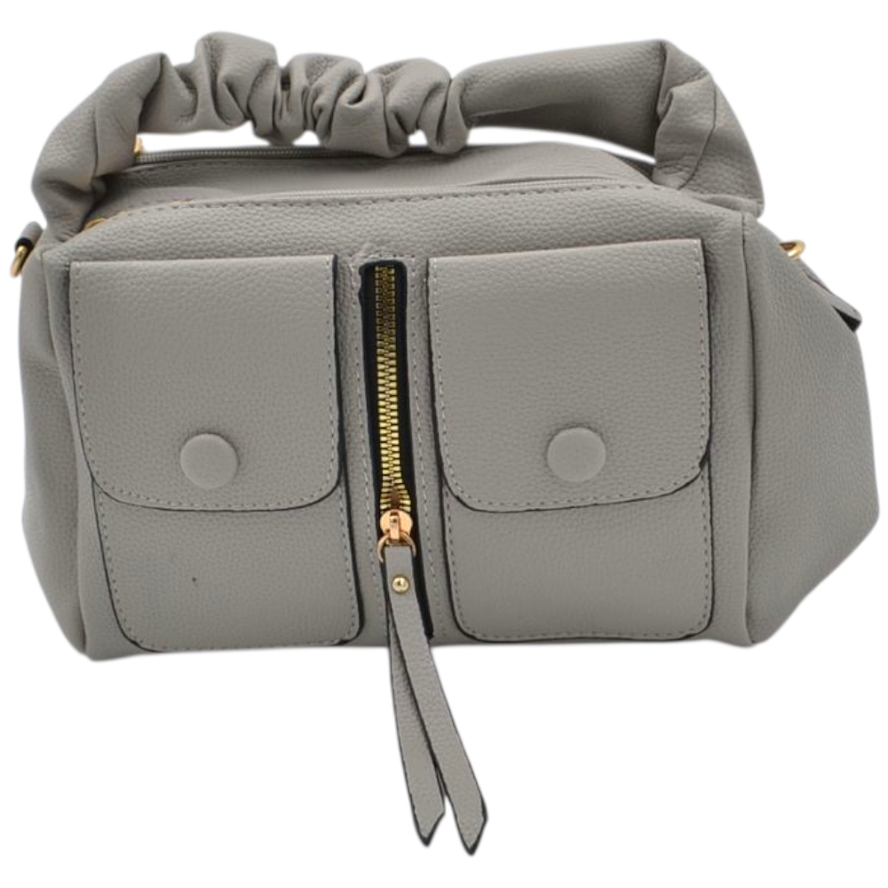 Borsa a mano donna small in pelle grigio ghiaccio con zip tasche frontali e manico arricciato