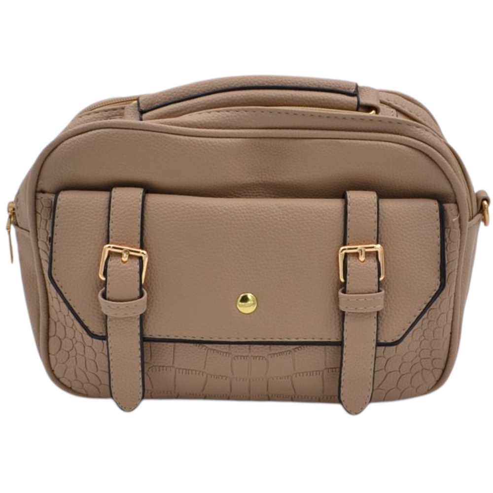 Borsa a mano e tracolla regolabile donna in pelle beige sabbia con zip tasche frontali e fibbie oro