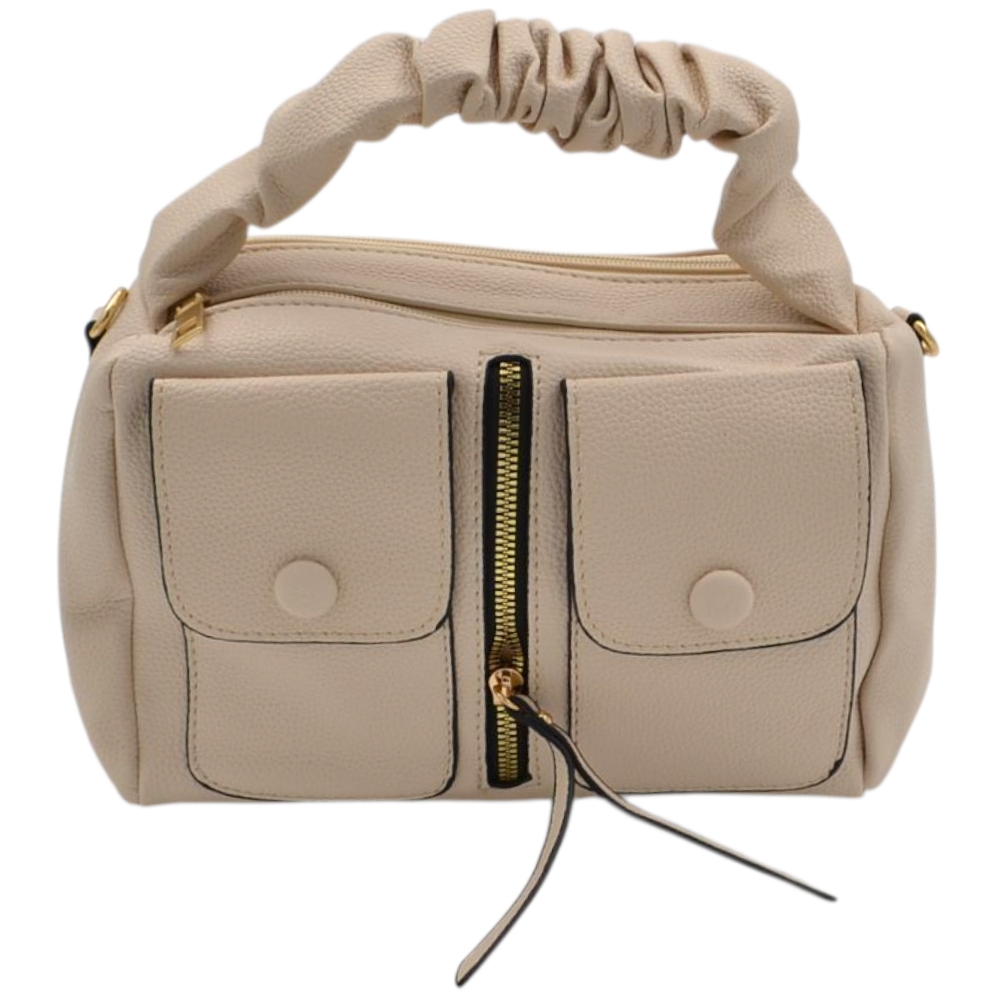 Borsa a mano donna small in pelle beige panna con zip tasche frontali e manico arricciato.