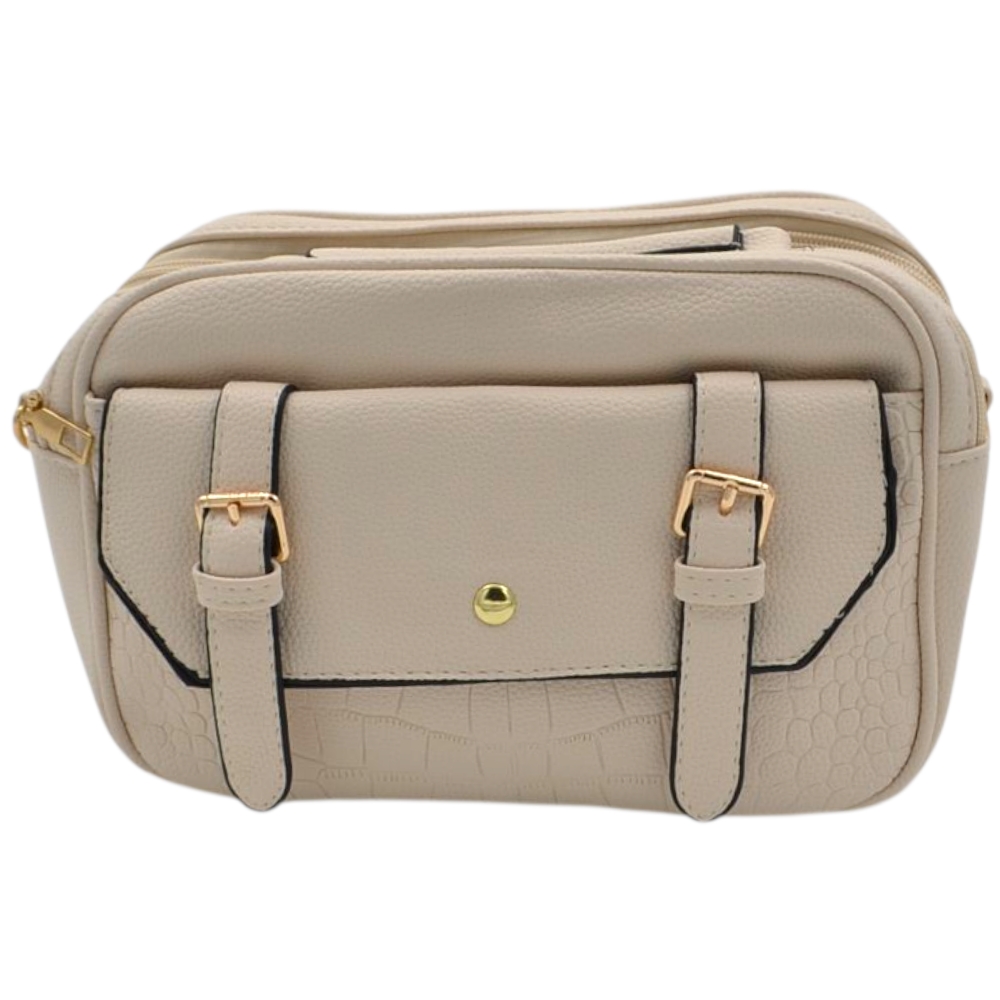 Borsa a mano e tracolla regolabile donna in pelle beige panna con zip tasche frontali e fibbie oro.