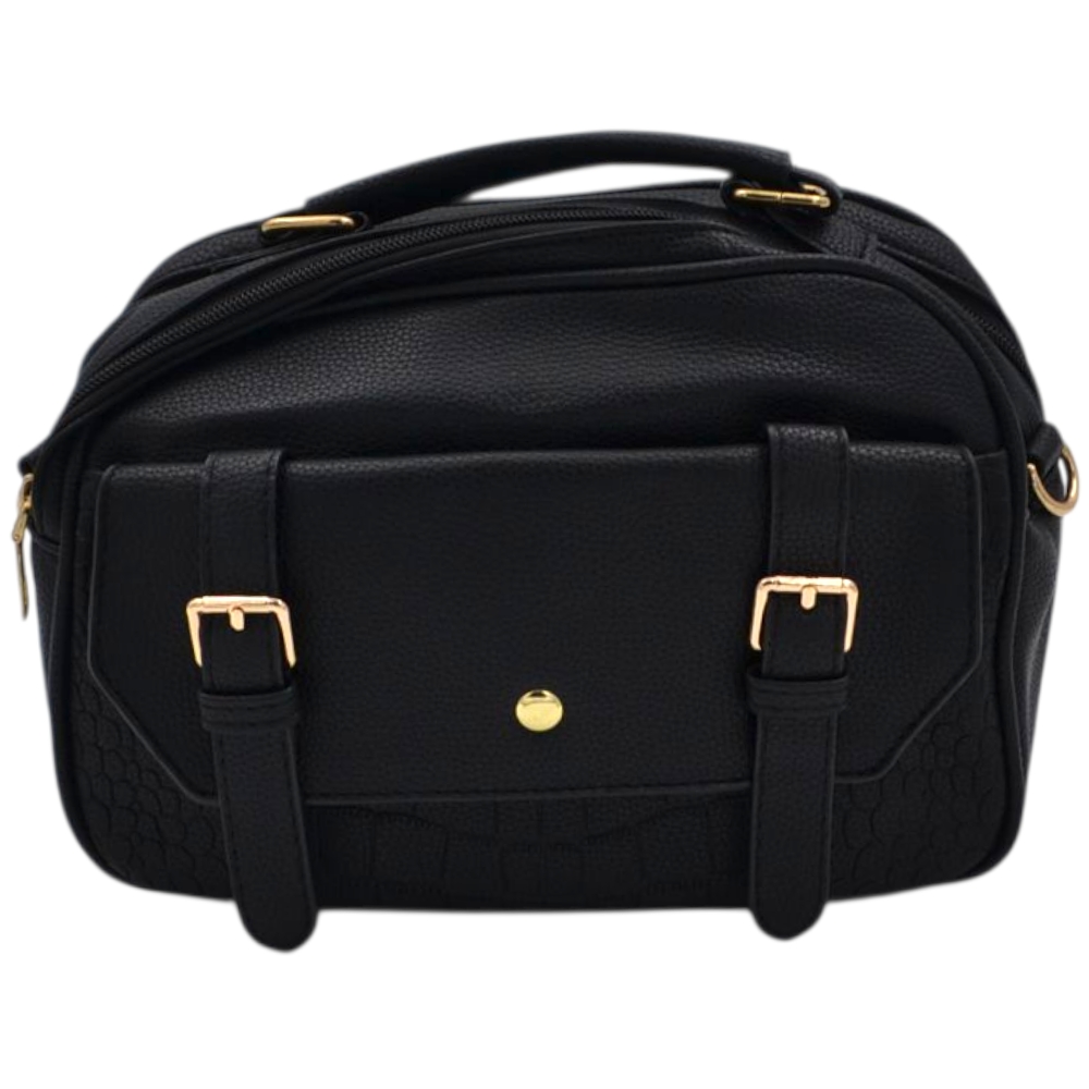 Borsa a mano e tracolla regolabile donna in pelle nera con zip tasche frontali e fibbie oro