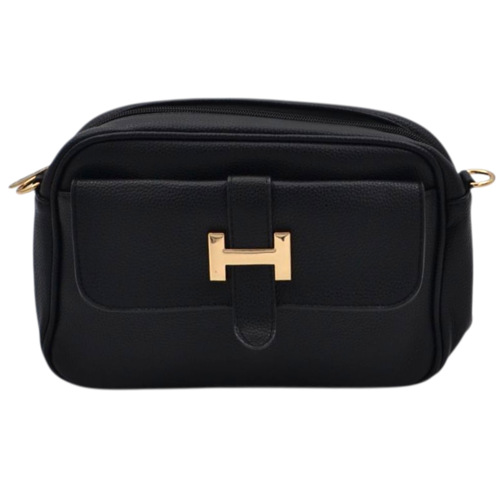 Borsa a tracolla regolabile donna small in ecopelle nero con zip e tasca frontale.