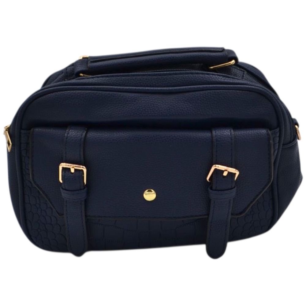 Borsa a mano e tracolla regolabile donna in pelle blu con zip tasche frontali e fibbie oro