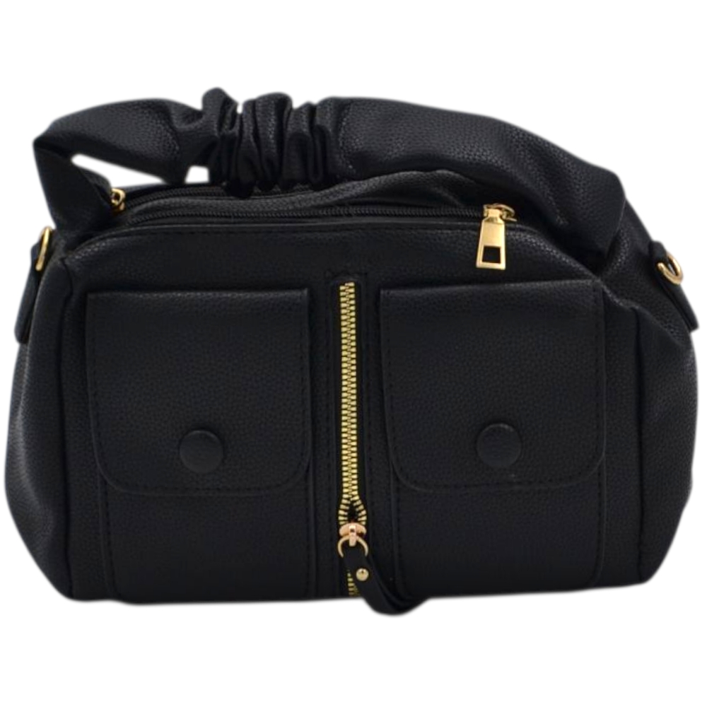 Borsa a mano donna small in pelle nera con zip tasche frontali e manico arricciato