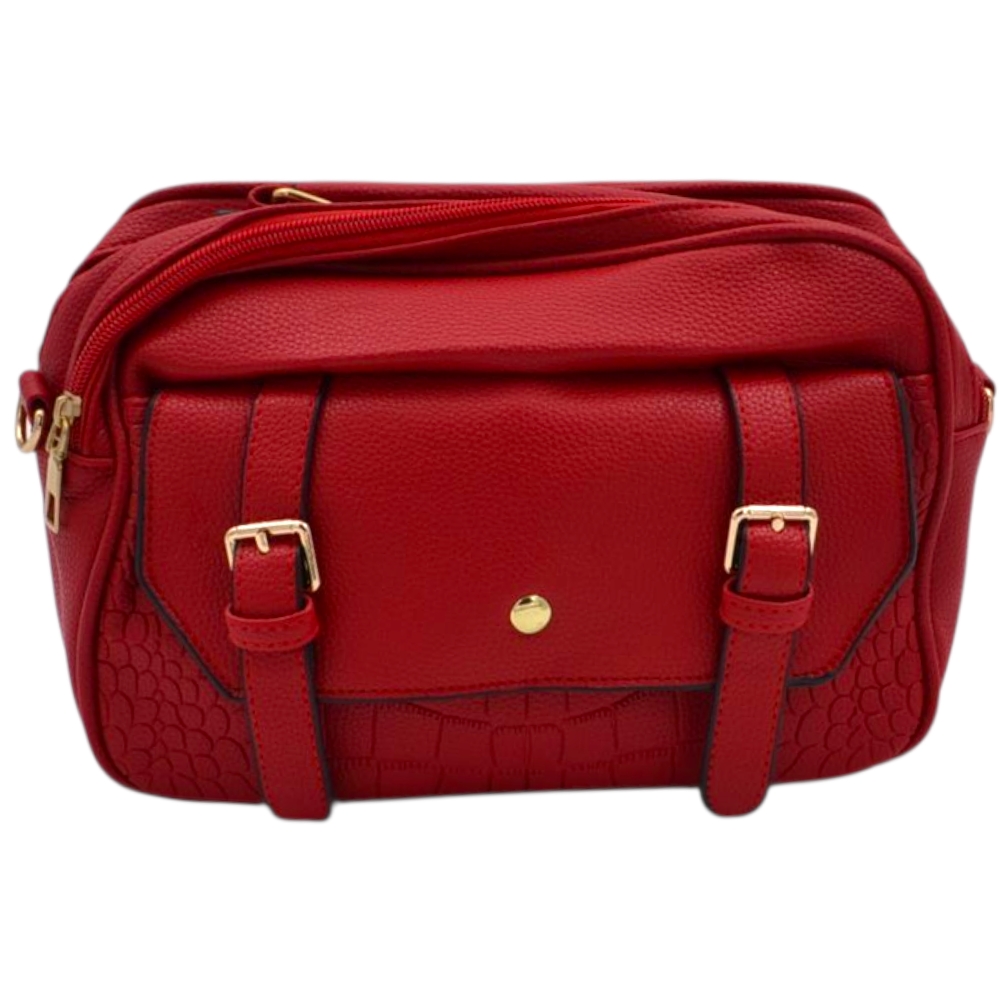 Borsa a mano e tracolla regolabile donna in pelle rossa stampa cocco con zip tasche frontali e fibbie oro