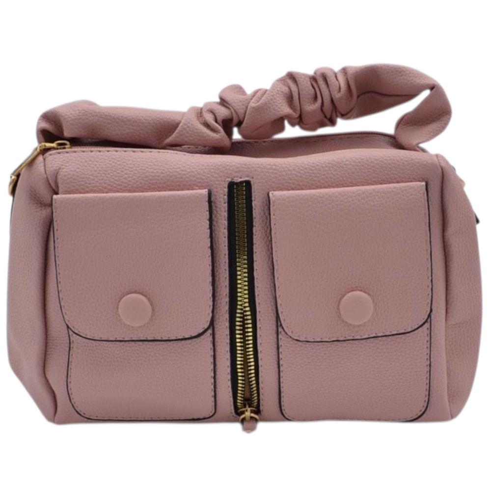 Borsa a mano donna small in pelle rosa cipria con zip tasche frontali e manico arricciato