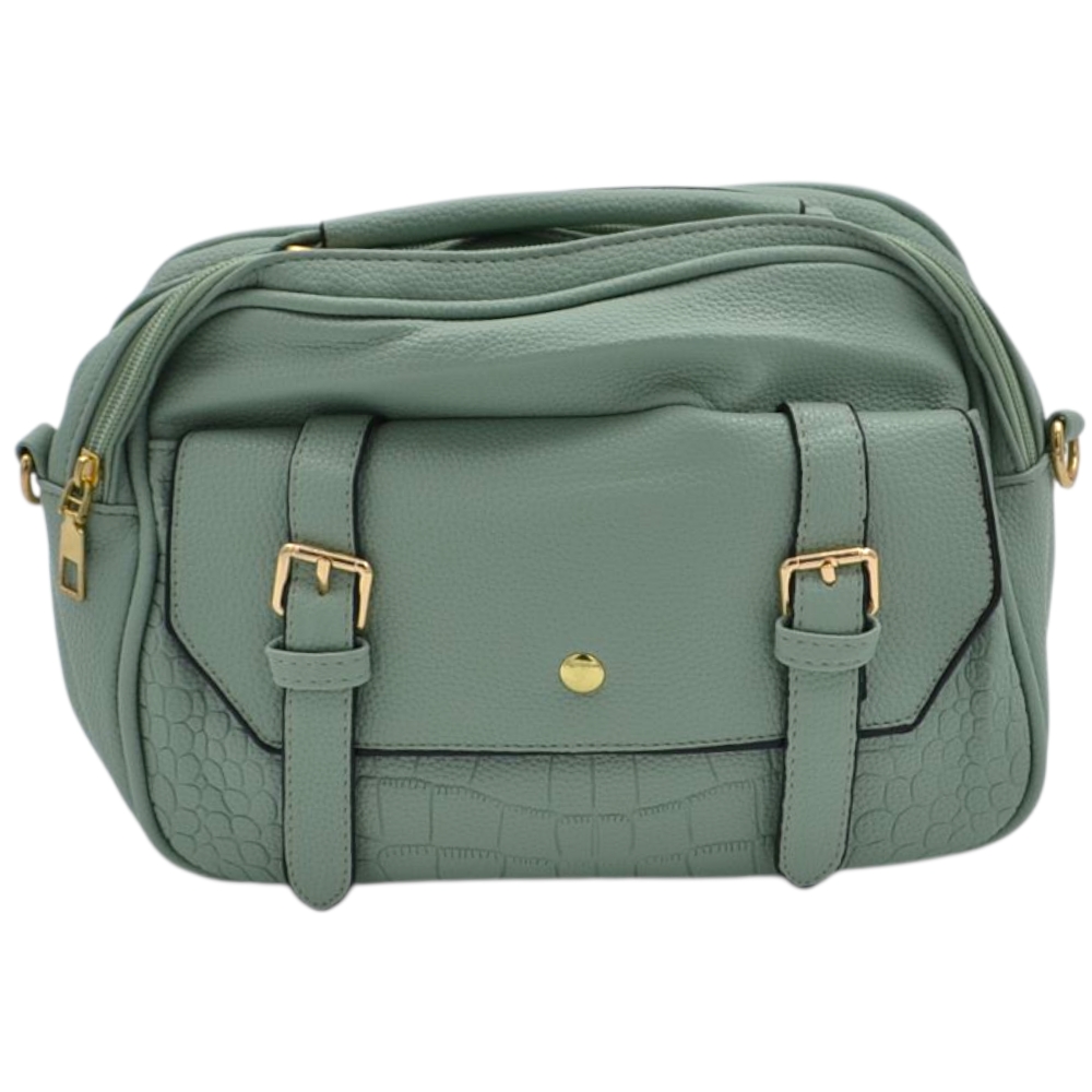 Borsa a mano e tracolla regolabile donna in pelle verde acqua con zip tasche frontali e fibbie oro.