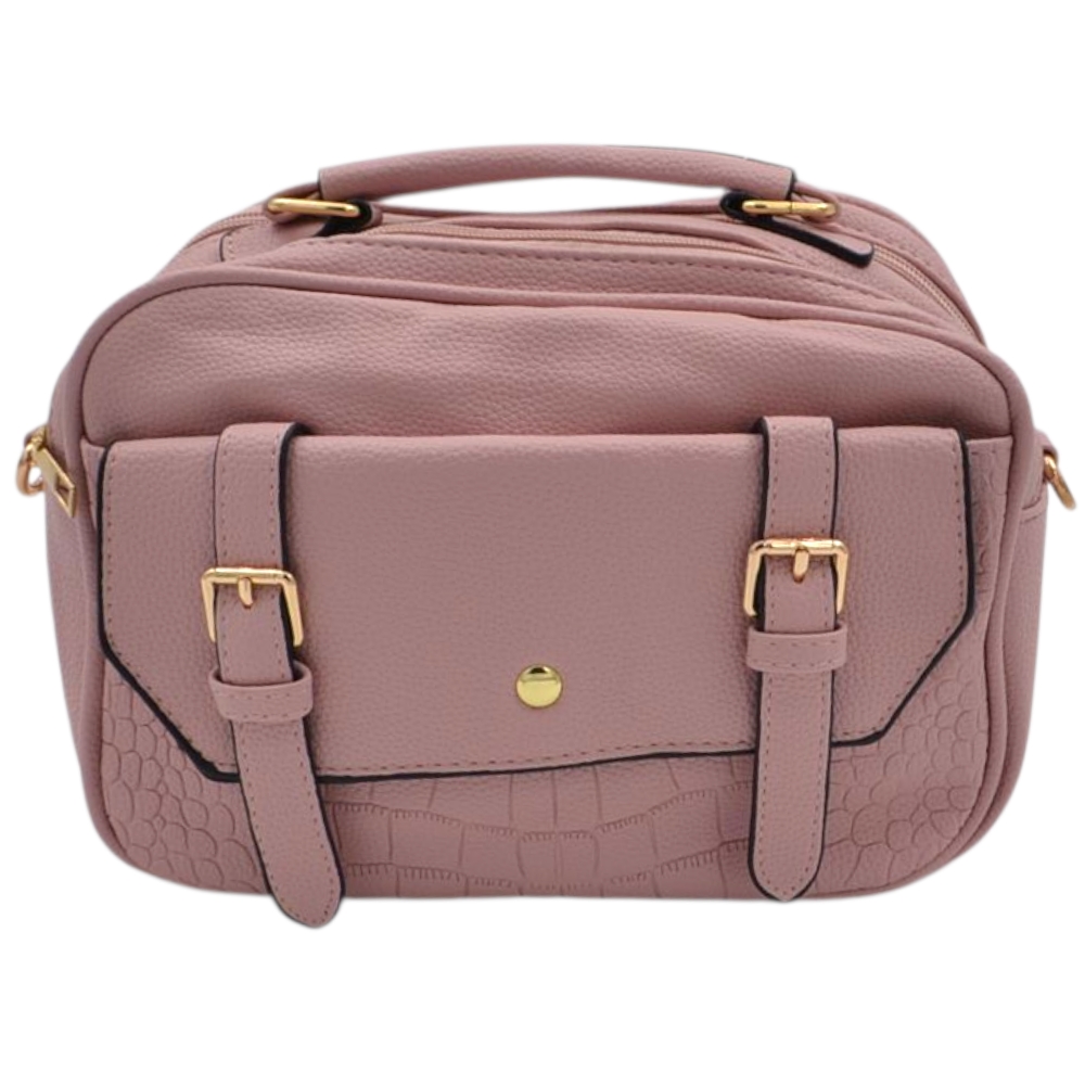 Borsa a mano e tracolla regolabile donna in pelle rosa con zip tasche frontali e fibbie oro