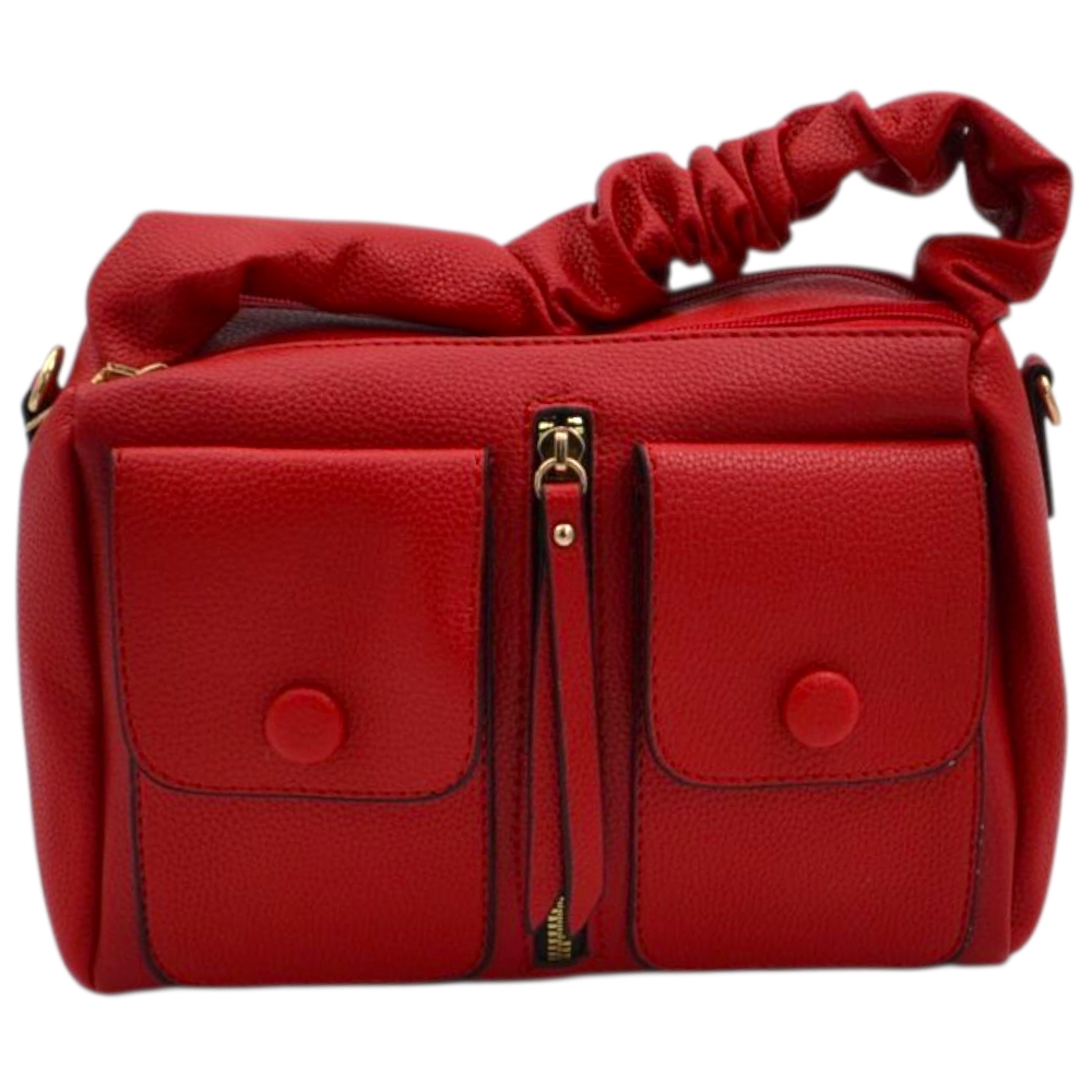 Borsa a mano donna small in pelle rosso con zip tasche frontali e manico arricciato.