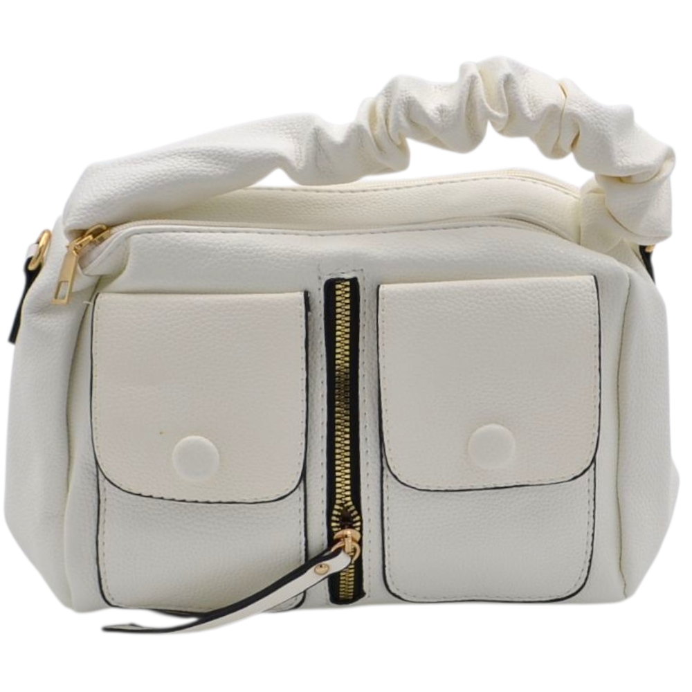 Borsa a mano donna small in pelle bianco con zip tasche frontali e manico arricciato.