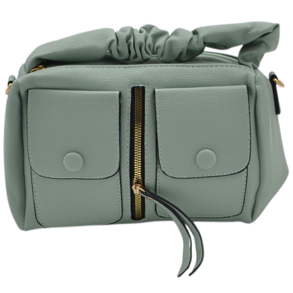 Borsa a mano donna small in pelle verde acqua con zip tasche frontali e manico arricciato.