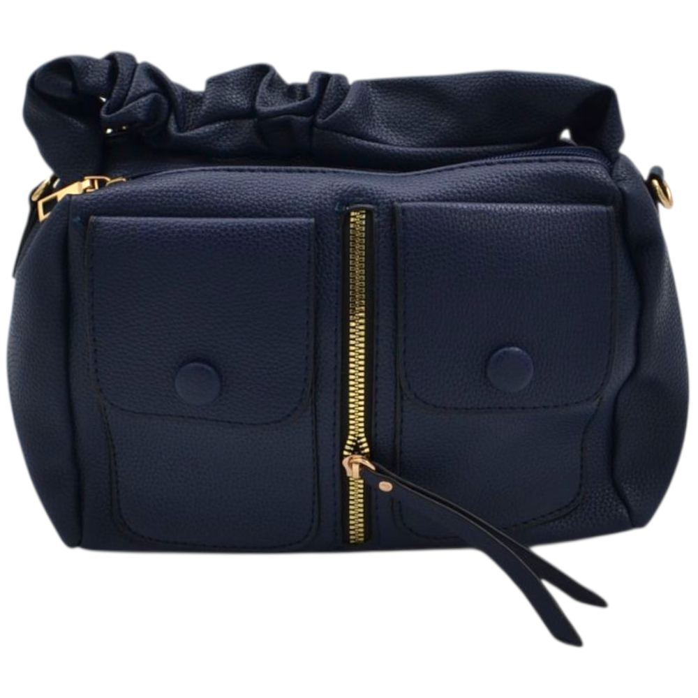 Borsa a mano donna small in pelle blu scuro con zip tasche frontali e manico arricciato.
