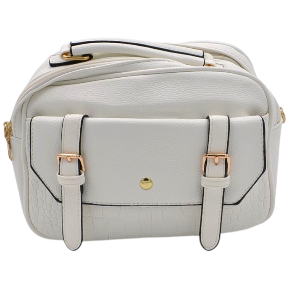 Borsa a mano e tracolla regolabile donna in pelle bianca con zip tasche frontali e fibbie oro