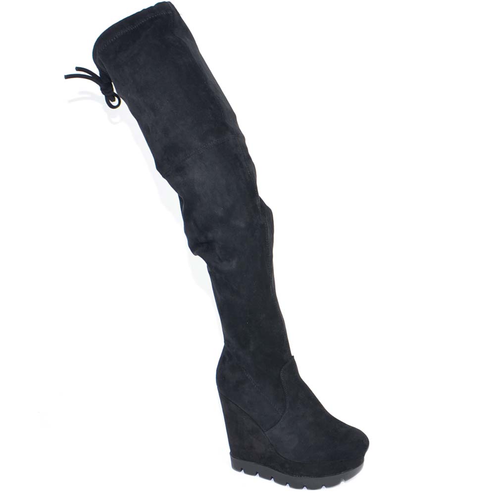 STIVALE ALTO DONNA NERO IN CAMOSCIO CON ZEPPA ALTA COMODO ADERENTE ALTEZZA SOPRA IL GINOCCHIO PUNTA TONDA MODA