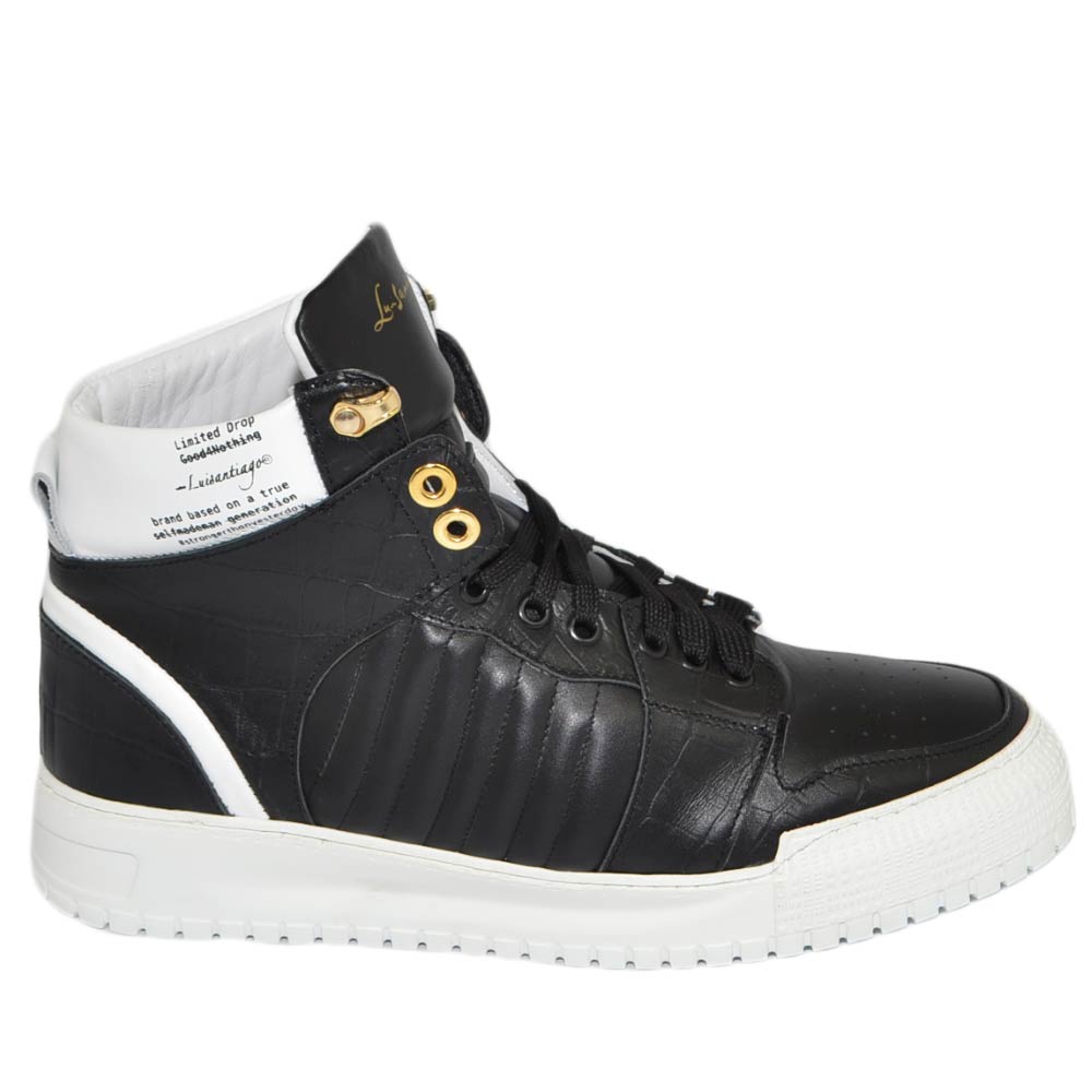 Sneakers alta uomo ls luisantiago in vera pelle pitonata nero cocco oro fondo alto bianco streetwear handmade italy