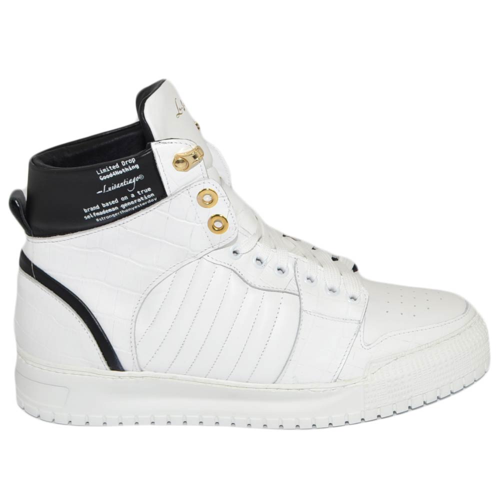 Sneakers alta uomo ls luisantiago in vera pelle pitonata bianco cocco oro fondo alto bianco streetwear handmade italy