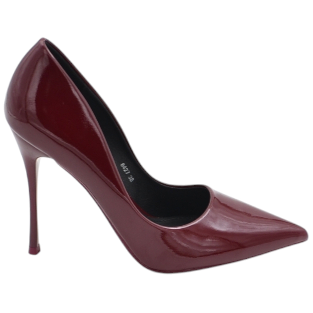 Decolette donna in pelle vernice lucida bordeaux punta tacco sottile 12 cm linea basic