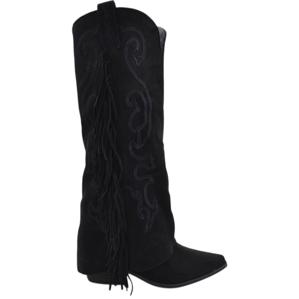 Stivali donna al ginocchio camperos in camoscio nero con risvolto e frange tacco western 4 cm zip intera
