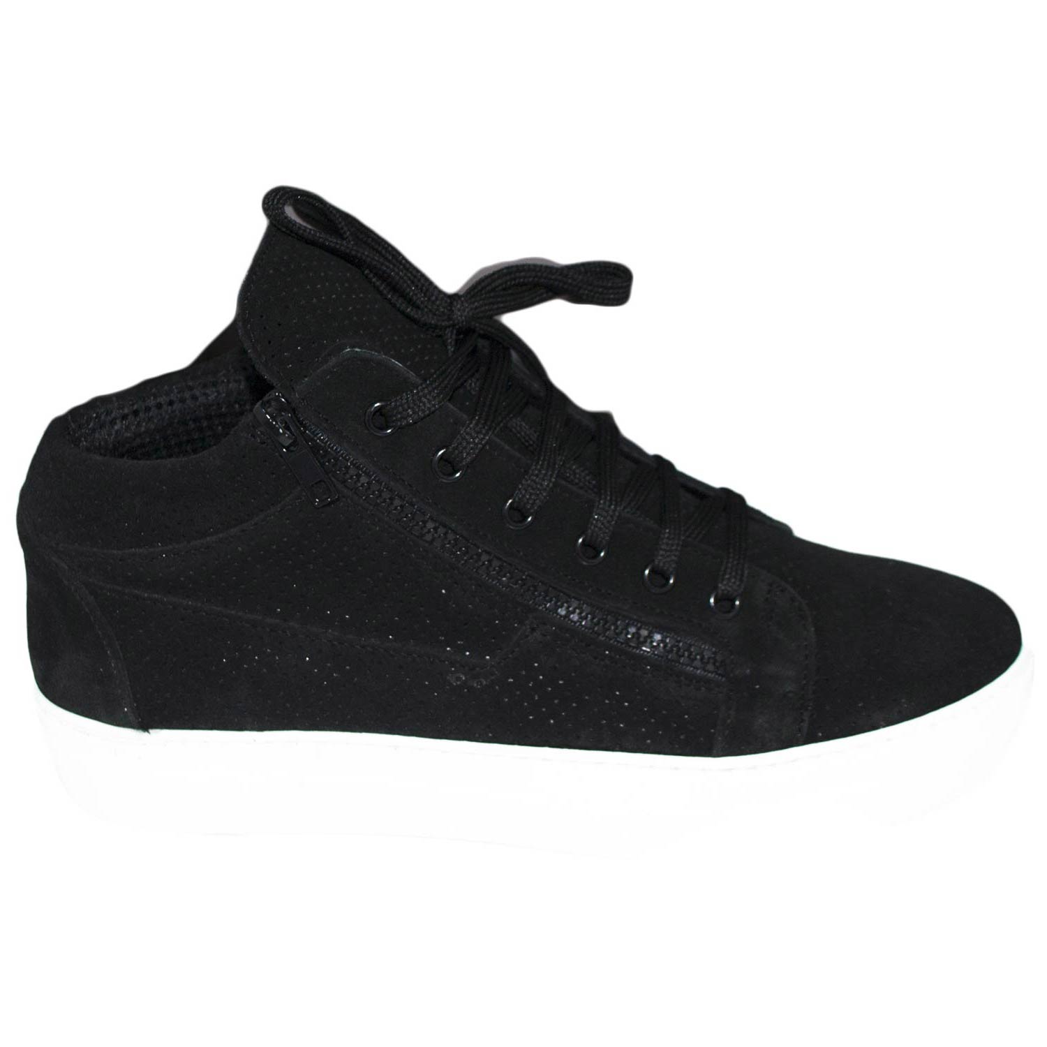 Sneakers alta uomo fondo doppio bianco antiscivolo due zip vera pelle camoscio microforato di colore nero  lacci art 109895