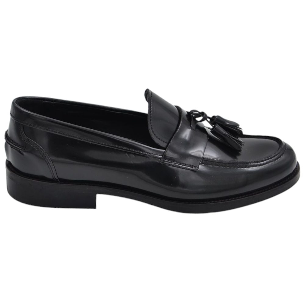 Scarpe uomo mocassini inglese college nappine bon bon vera pelle nero semilucido fondo cuoio con antiscivolo.