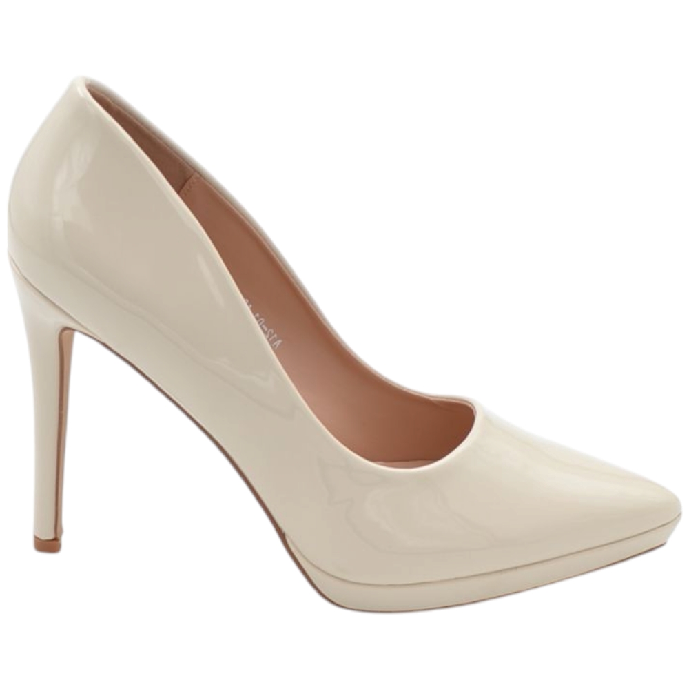 Decollete' donna a punta color burro vernice lucida tacco sottile 12 cm con plateau 2 cm sottopiede imbottito