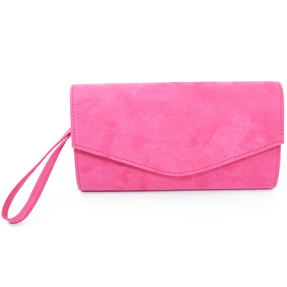 Pochette donna a forma di lettera in camoscio fucsia con catena e bracciolo linea basic made in italy