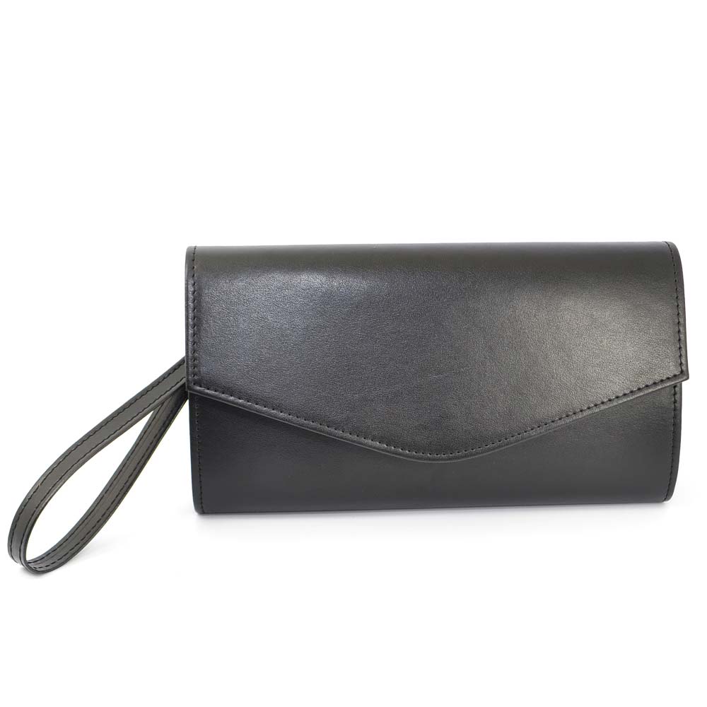 Pochette donna made in italy in ecopelle nero con catena e chiusura clip linea basic.