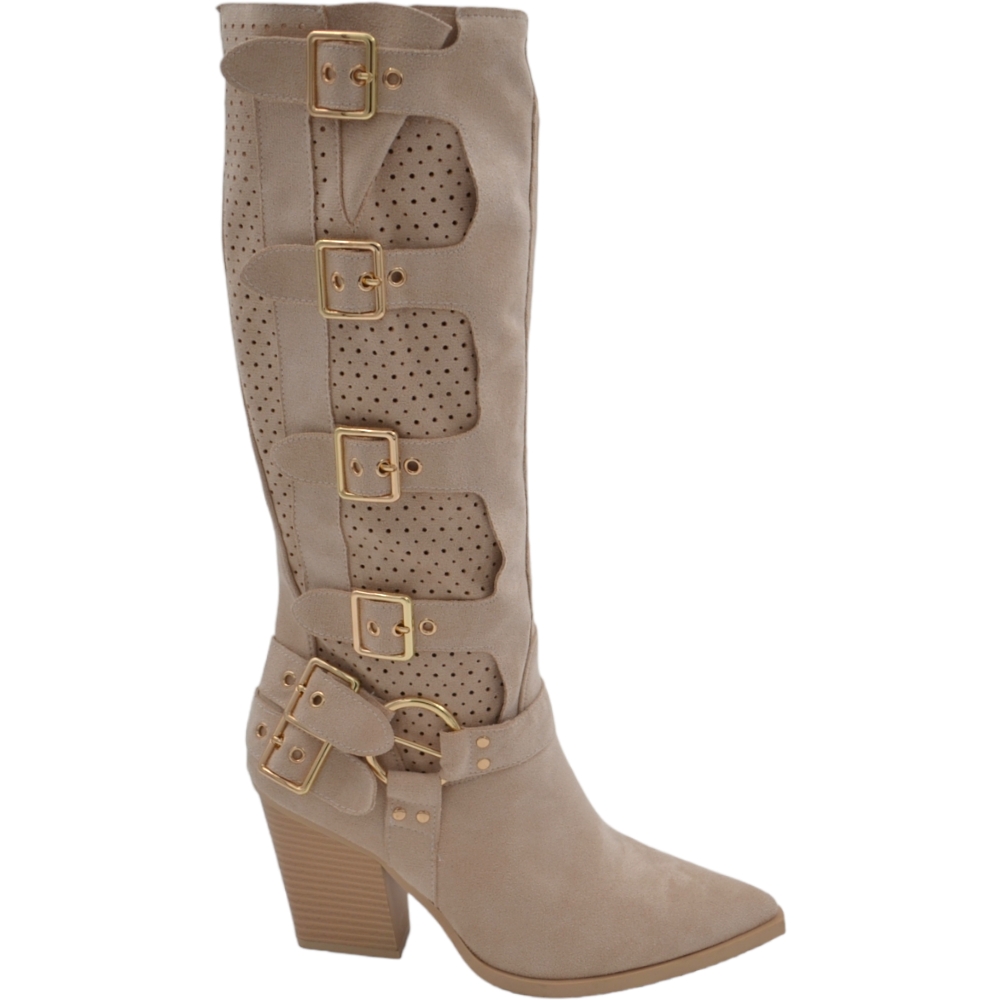 Stivali donna camperos in camoscio traforato beige tacco western 6cm legno gambale con fibbie regolabili zip laterale