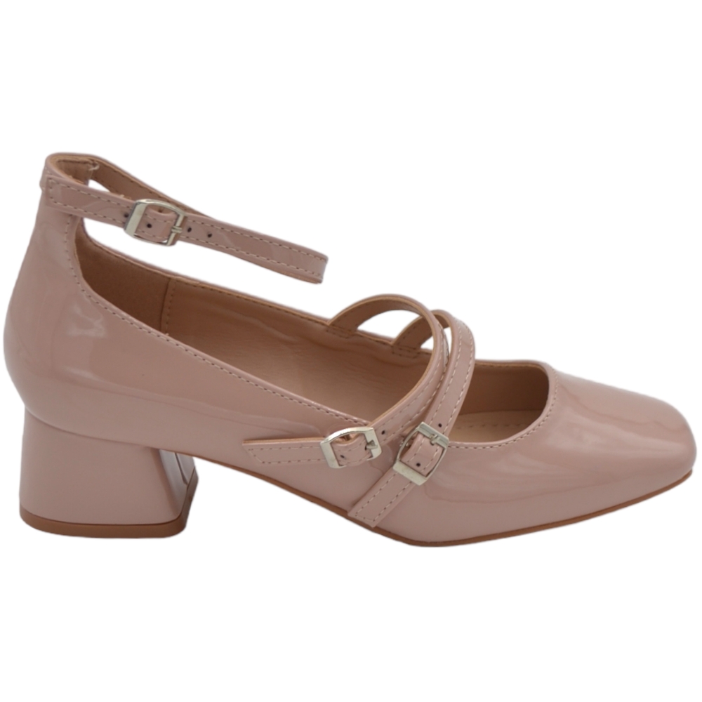Scarpa ballerina donna punta quadrata con tacco basso 5 cm cinturini regolabili alla caviglia vernice beige nude lucido