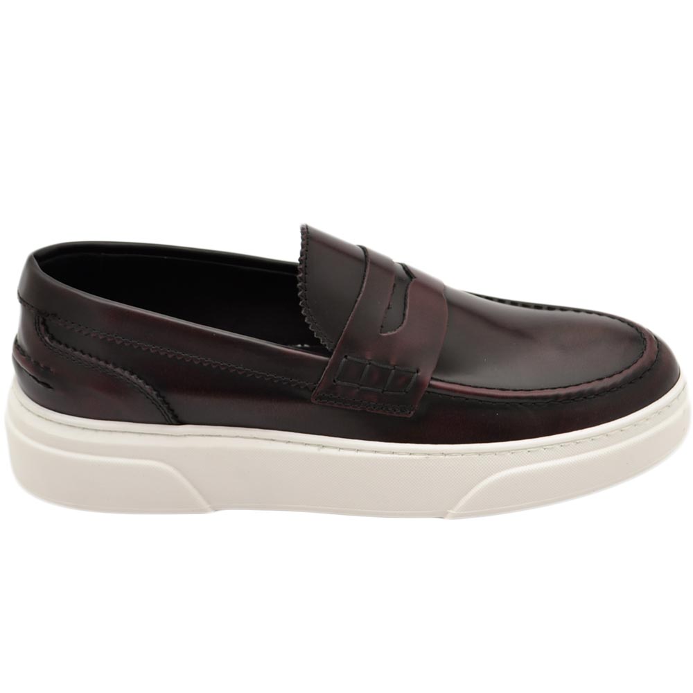 Mocassini uomo college bendina classico sportivo in vera pelle abrasivata bordeaux fondo bianco alto gomma