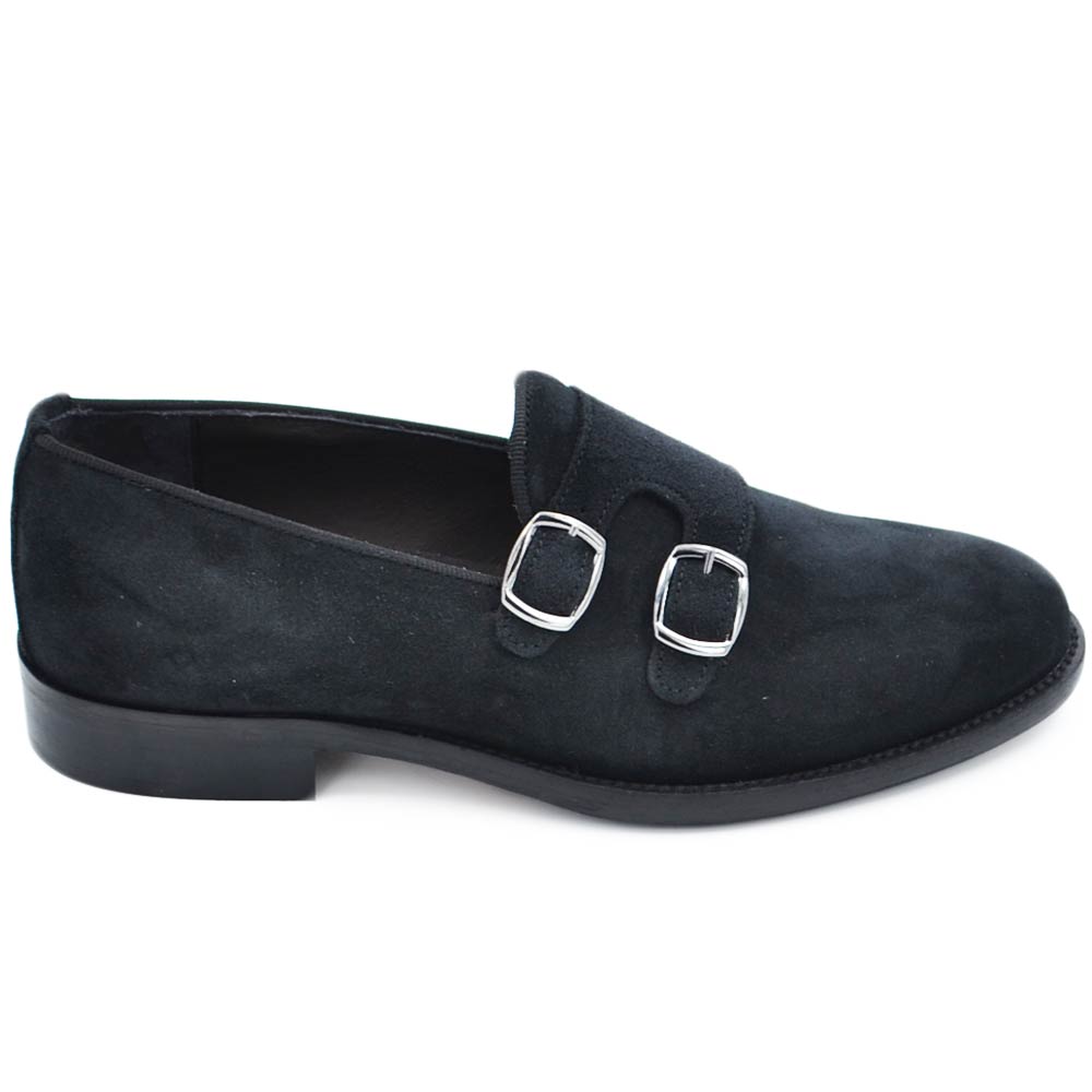 Scarpe mocassino uomo doppia fibbia argento in vera pelle camoscio nero fondo in gomma ultraleggera senza cuciture