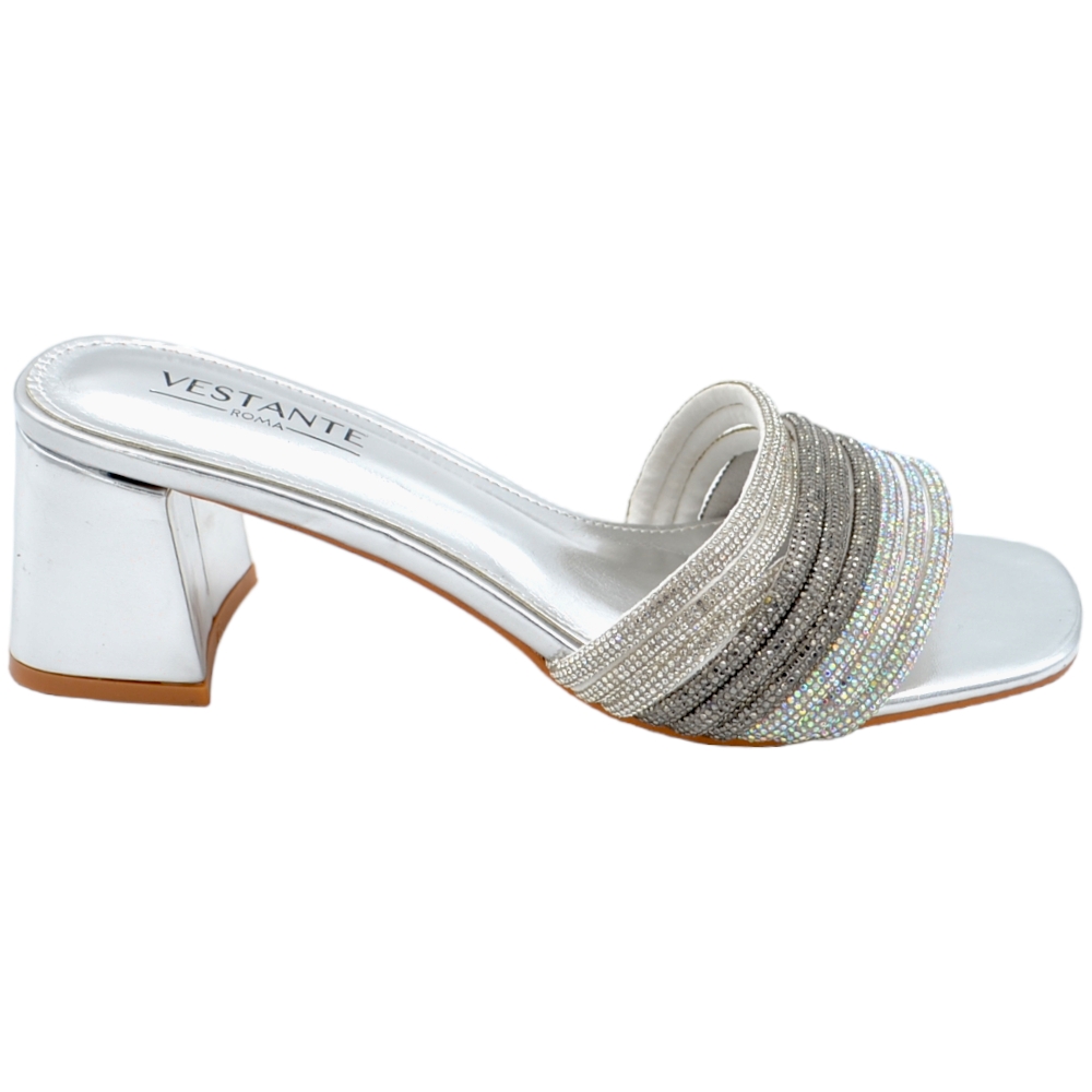 Sandalo gioiello donna argento mule aperto dietro con gradiente di brillantini sfumato tacco largo 5 cm