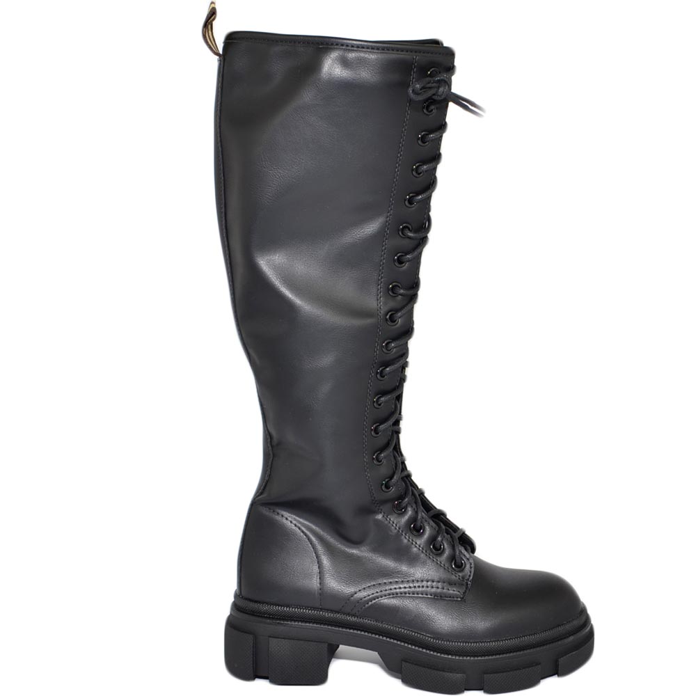 Stivali anfibi donna platform fondo alto modello chiara con zip altezza ginocchio moda street lacci lunghi regolabili