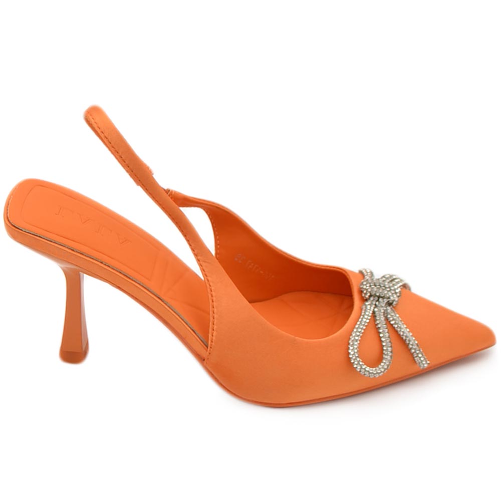 Decollete' donna gioiello elegante fiocco strass in raso arancione tacco a spillo 80 cinturino alla caviglia fisso moda