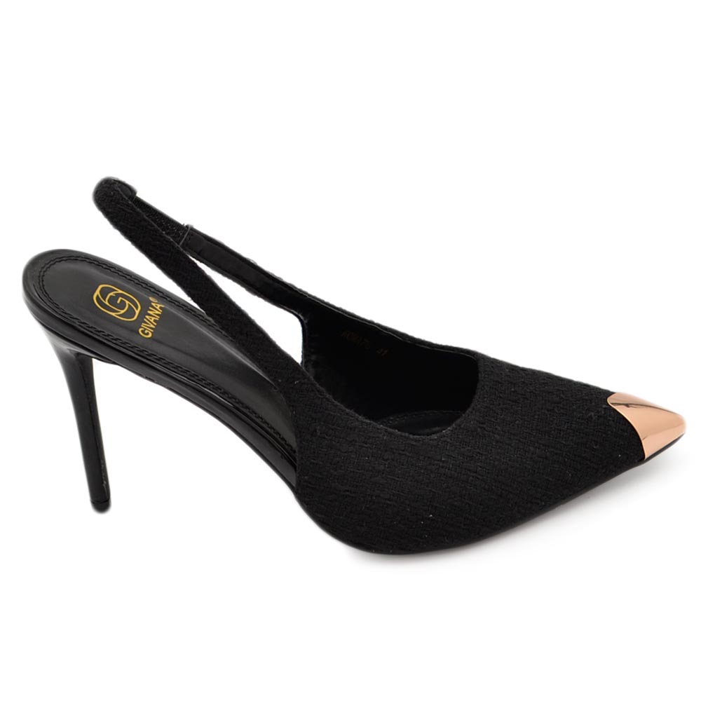 Decollete' donna nero alto tacco a spillo 12 cm aperto dietro placca oro in punta tessuto ricamo moda cerimonia elegante.