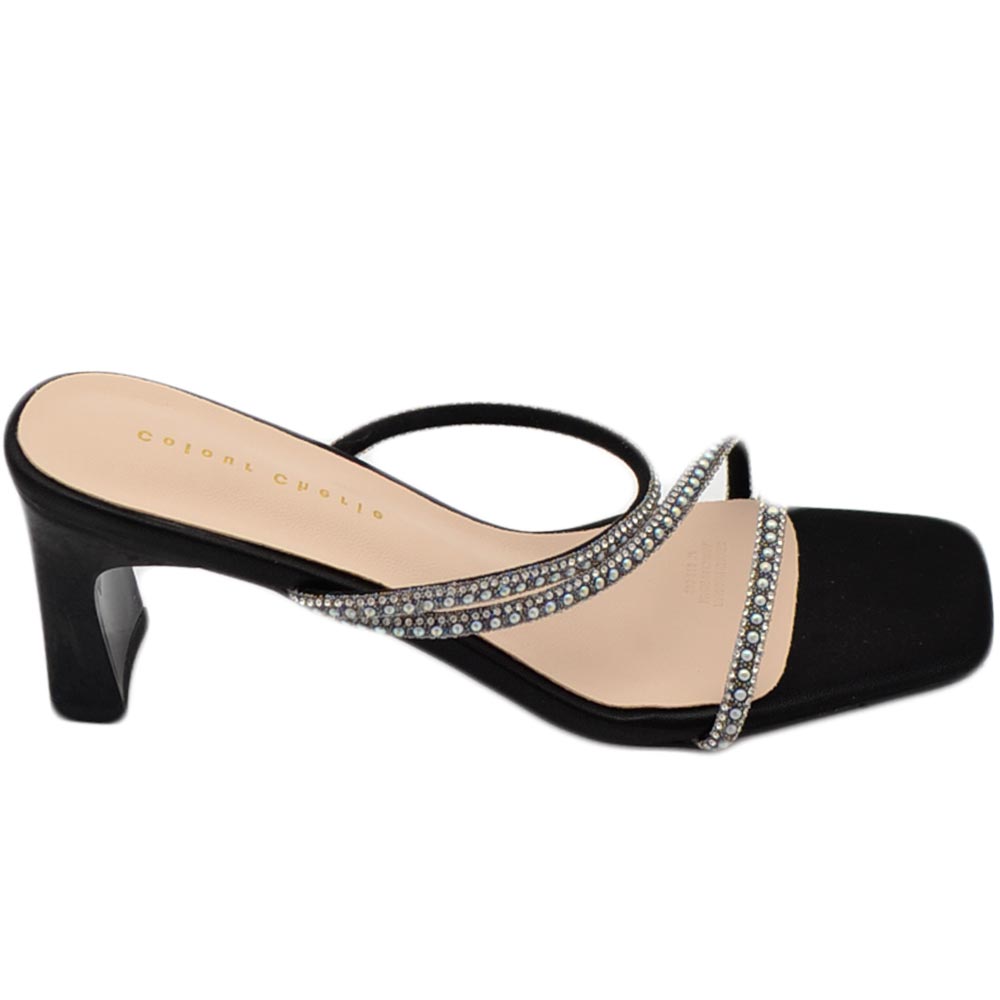 Sandali mules donna gioiello con tacco squadrato largo 5 cm 3 fasce di strass moda eleganti cerimonia comodo