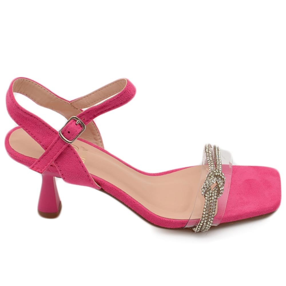 Sandalo gioiello donna fucsia tacco 5 cm fascia sottile di strass luccicanti cerimonia nodo cinturino alla caviglia 