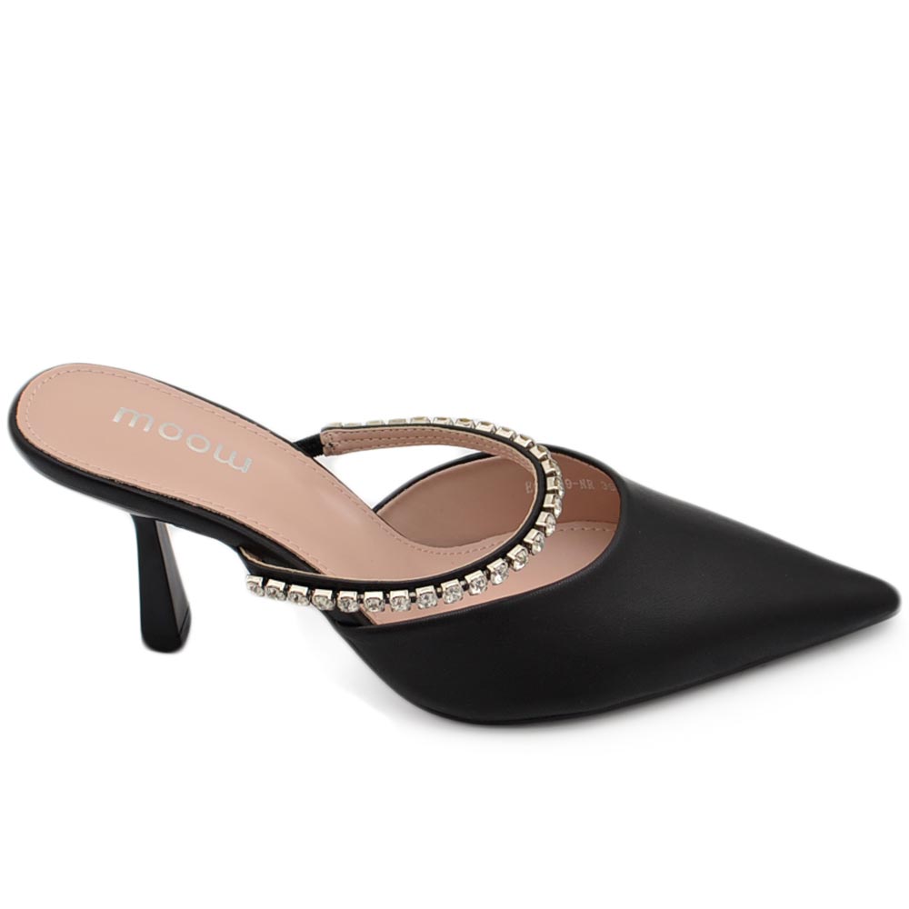 Decollete mules slingback nero con fascia di brillantini sul dorso tacco a spillo comodo 8 cm moda