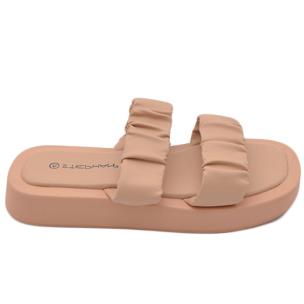 PANTOFOLA DONNA PLATFORM IN GOMMA ANTISCIVOLO BEIGE NUDE DOPPIA FASCIA ARRICCIATA COMFORT RELAX ESTIVE .