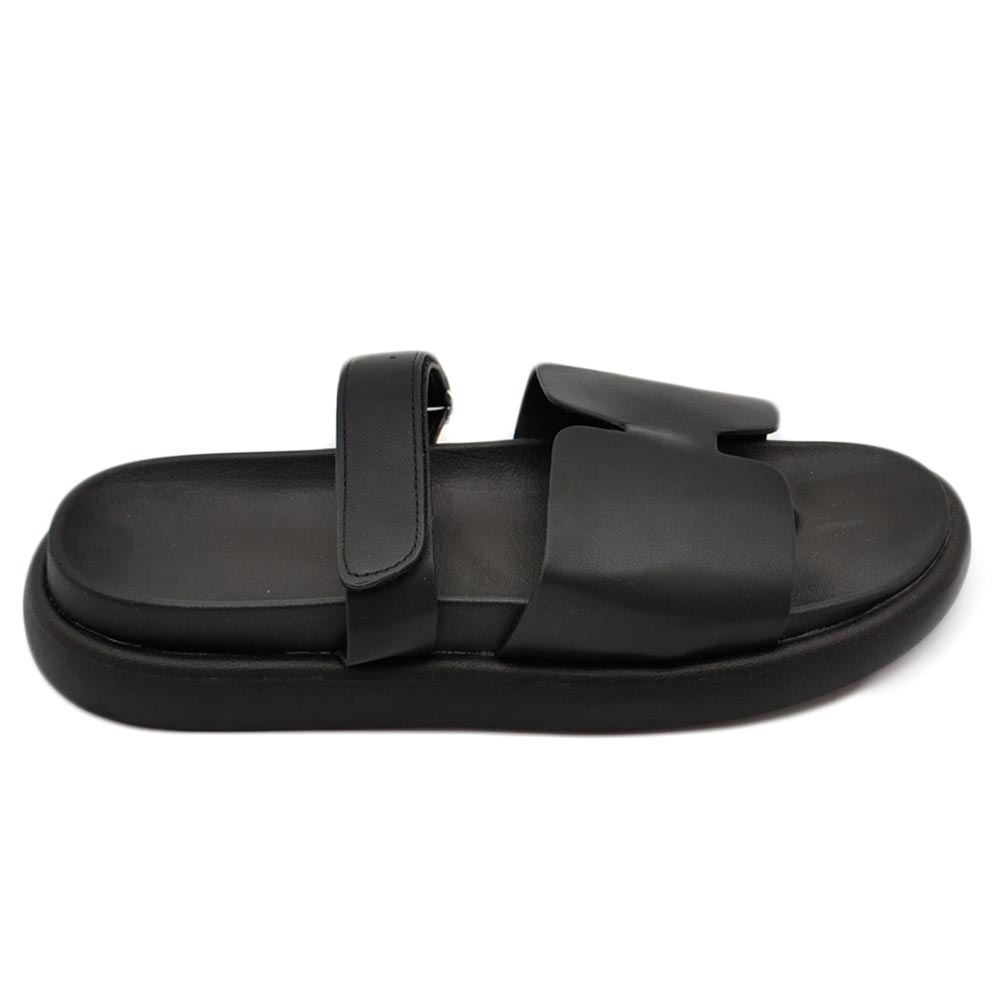 Pantofole ciabatte donna platform zeppa nera con fascia e fibbia strappo regolabile su dorso comodo 