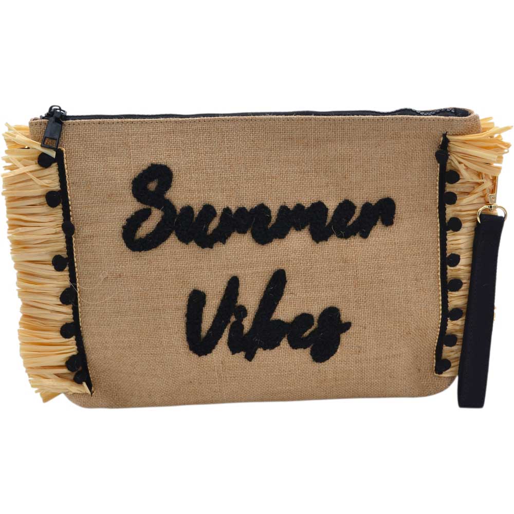 Borsa pochette clutch donna in paglia e raffia con scritta nera ricamata summer vibes frange e pompon chiusura zip.