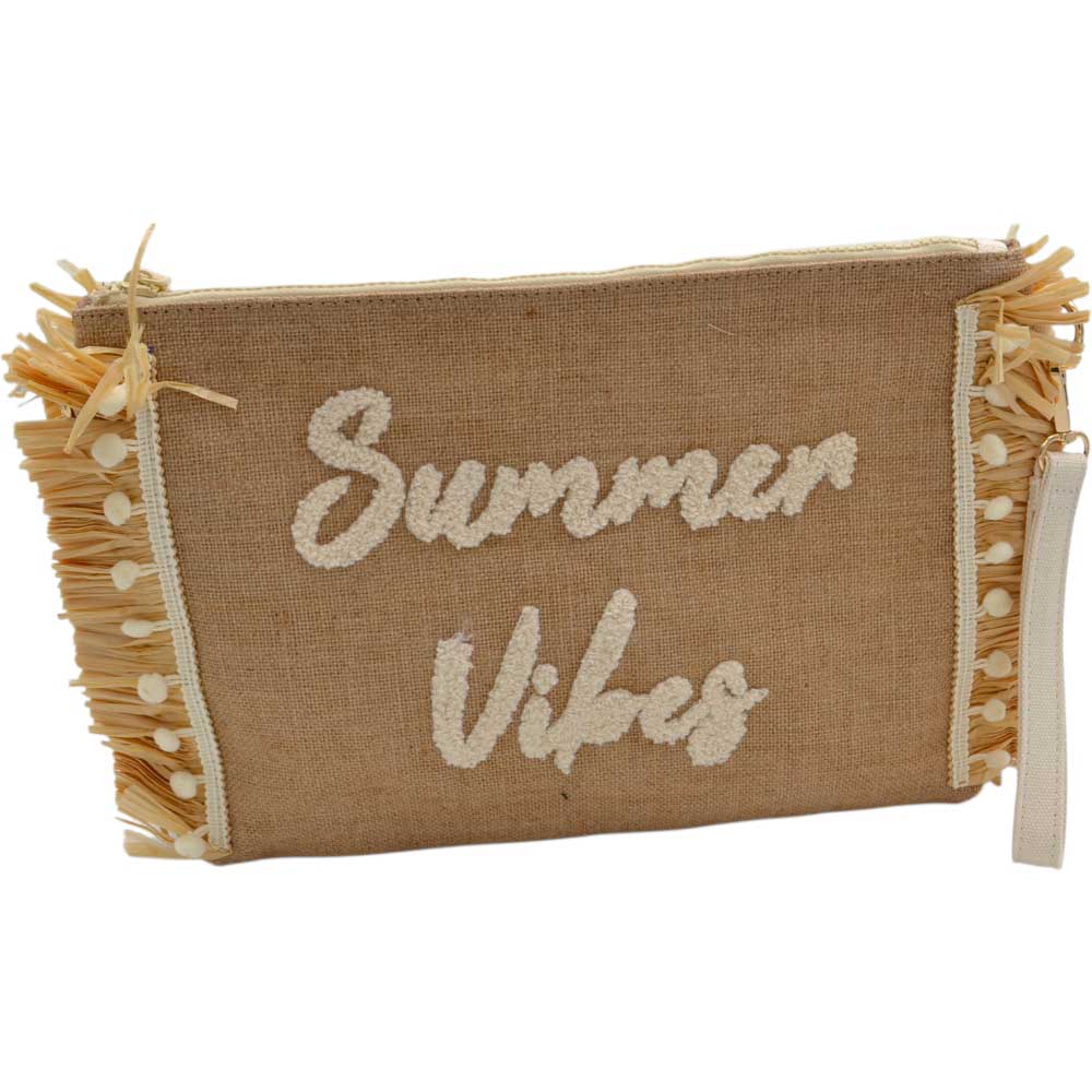Borsa pochette clutch donna in paglia e raffia con scritta beige ricamata summer vibes frange e pompon chiusura zip.