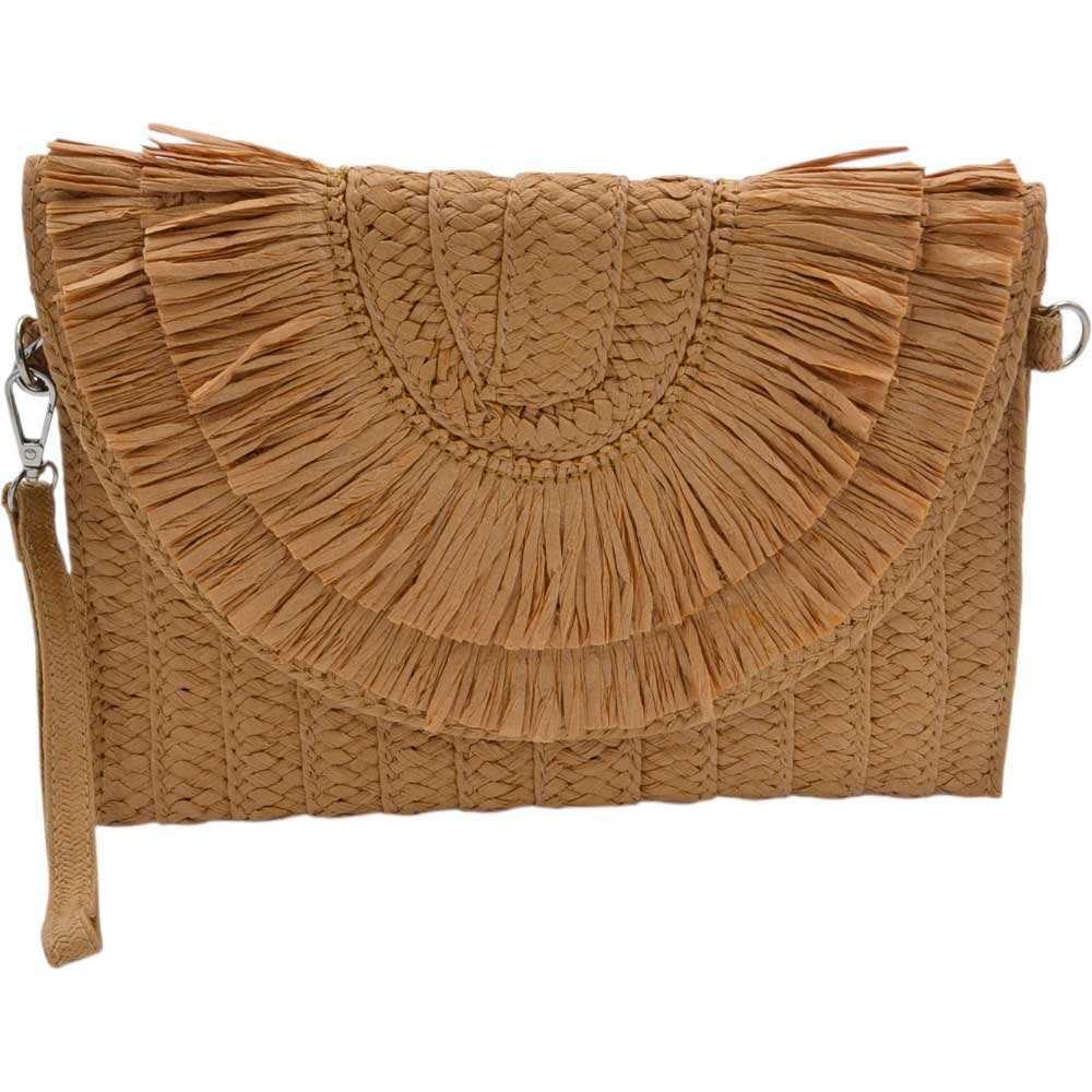 POCHETTE DONNA RETTANGOLARE IN PAGLIA COLOR CUOIO TINTA UNITA CHIUSURA MAGNETICA CON MANICO E TRACOLLA RIMOVIBILE.