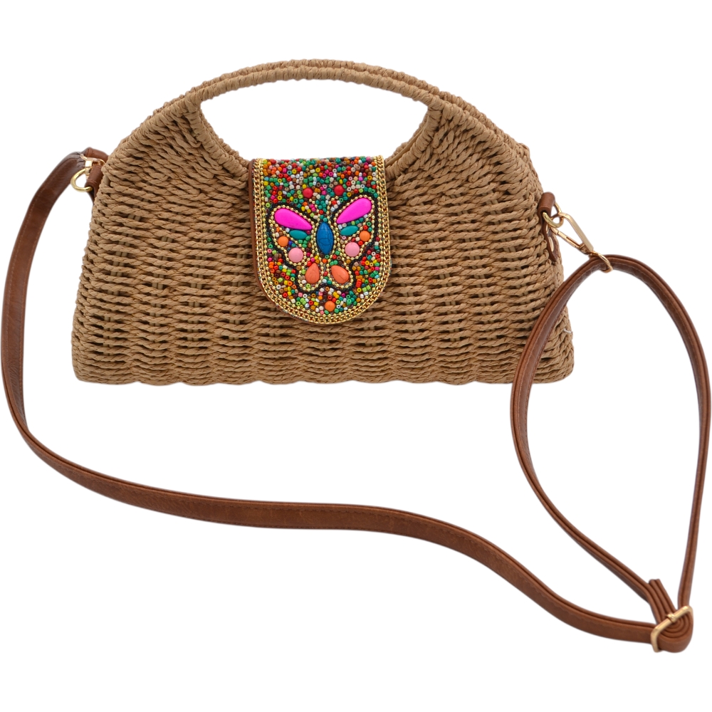 Borsa a tracolla in paglia Intrecciata rigida con flap gioiello ricamato a farfalla e perline colorate .