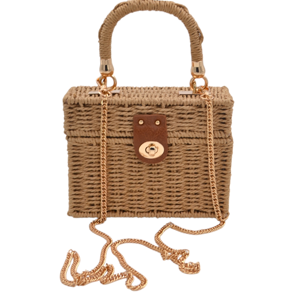 Borsa bauletto rigida 2 in 1 in paglia intrecciata con tracolla a catena dorata e chiusura Twist Lock