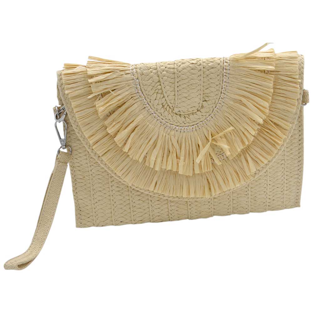 POCHETTE DONNA RETTANGOLARE IN PAGLIA COLOR BEIGE TINTA UNITA CHIUSURA MAGNETICA CON MANICO E TRACOLLA RIMOVIBILE.
