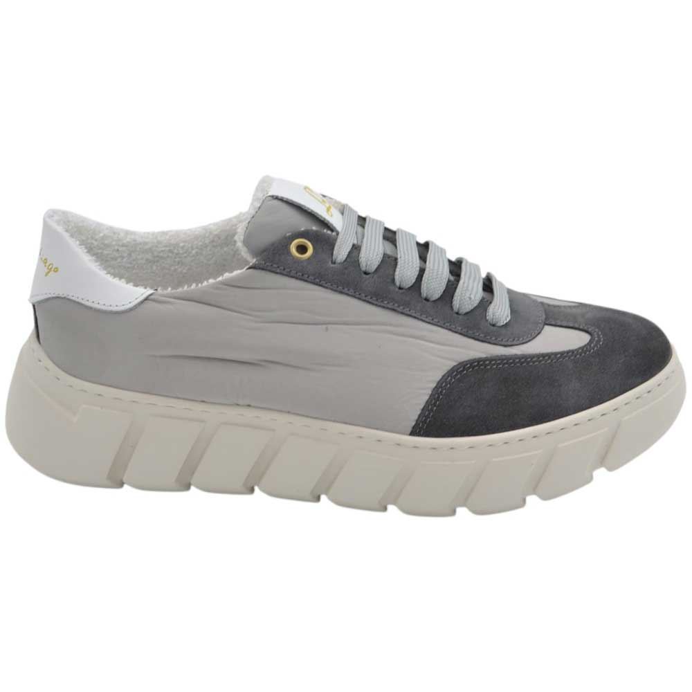 LUISANTIAGO FAMOUS 991 Sneakers dinamica in vera pelle e tessuto tecnico giubbino grigio con gomma alta Eva light bianco.