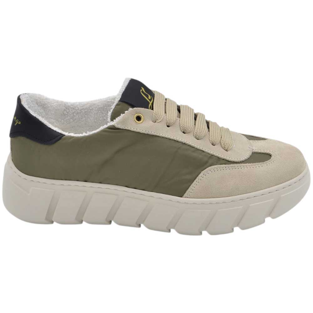 LUISANTIAGO FAMOUS 991 Sneakers dinamica in vera pelle bottolato tessuto tecnico giubbino verde con gomma alta Eva light.
