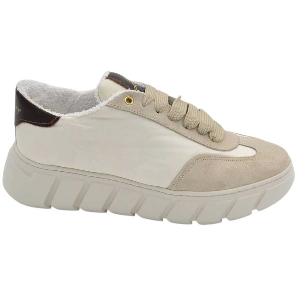 LUISANTIAGO FAMOUS 991 Sneakers dinamica in vera pelle e tessuto tecnico giubbino beige con gomma alta Eva light bianco.
